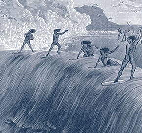 gravure ancienne représentant de façon erronée des surfeurs