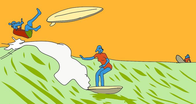 surfeuse incertaine et surfeur en l'air