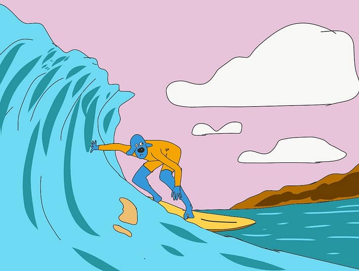 surfeur sur sa planche de surf, dans une assez grosse vague