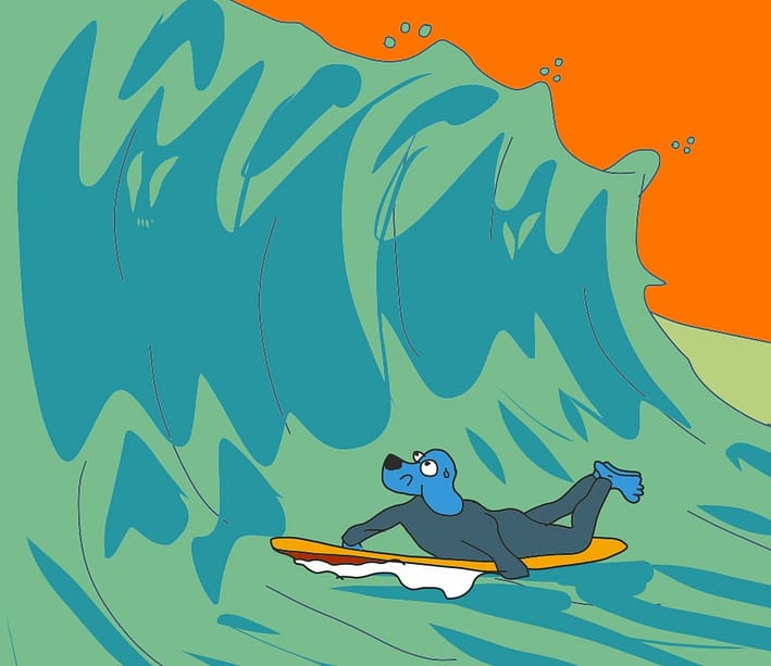 un surfeur allongé sur sa planche craint les grosses vagues